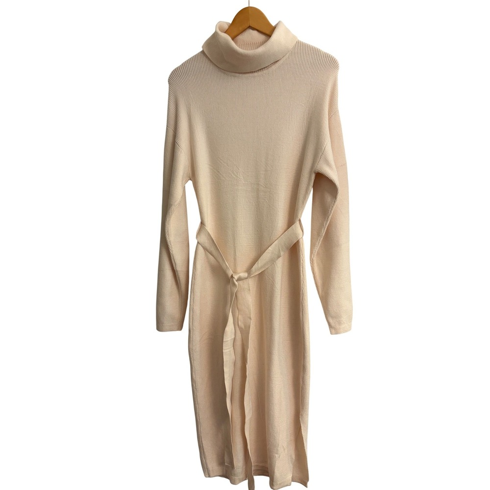 ZESICA Cream Ribbed Turtleneck Belted Midi Sweater Dress Size Large Long Sleeve